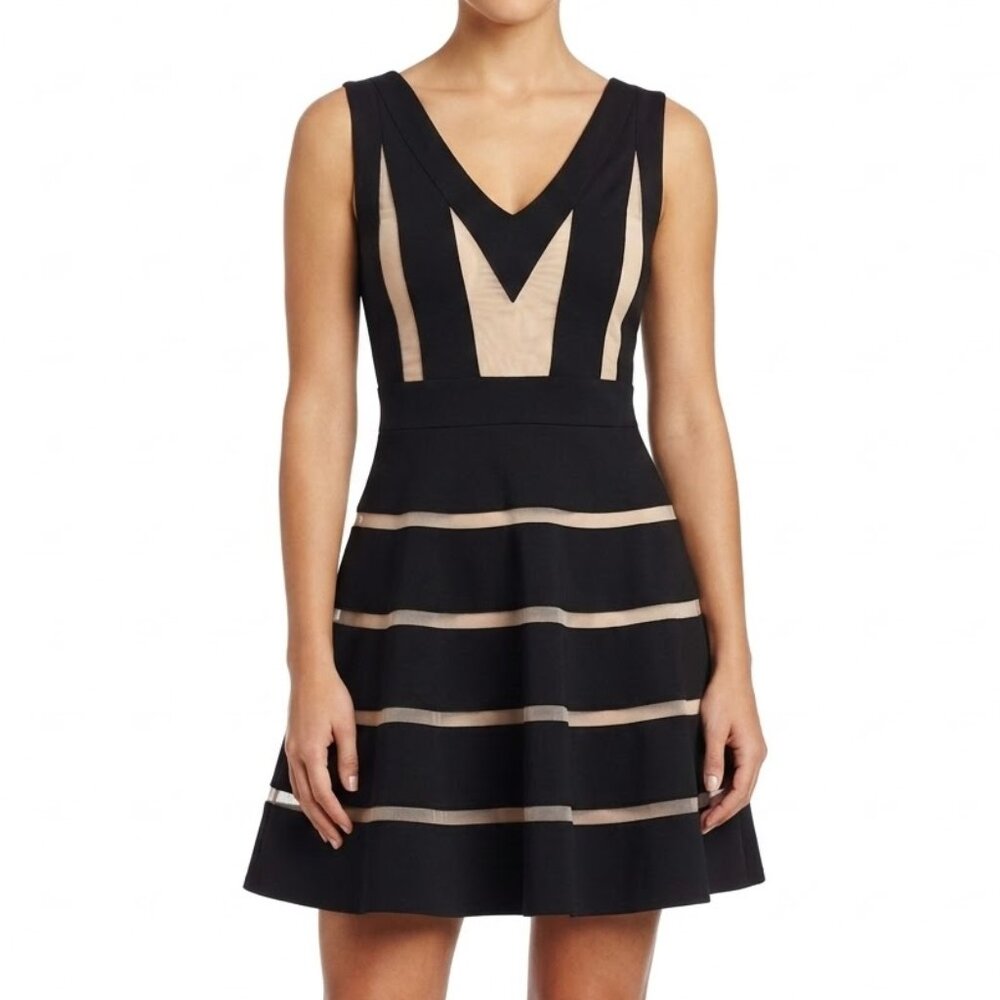 Alt.B Black & Nude Mesh Panel Skater Dress Size Large V-Neck Fit & Flare LBD